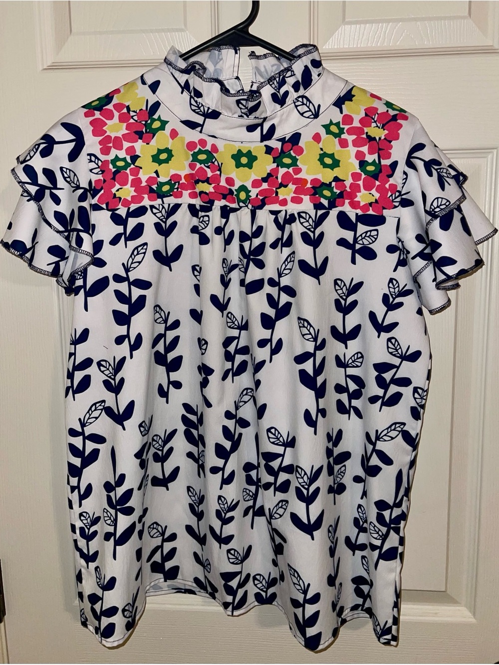 Floral Yoke Ruffle Sleeve Blouse - Navy & White with Pink & Yellow Accents
